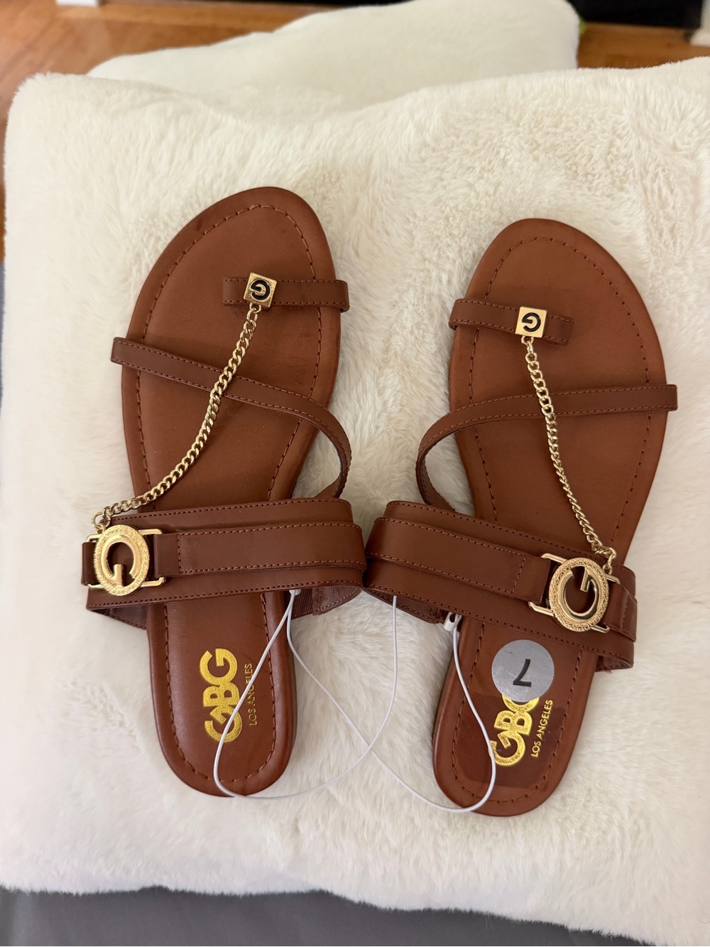 GBG Los Angeles Brown Leather Sandals with Gold Chain & Logo